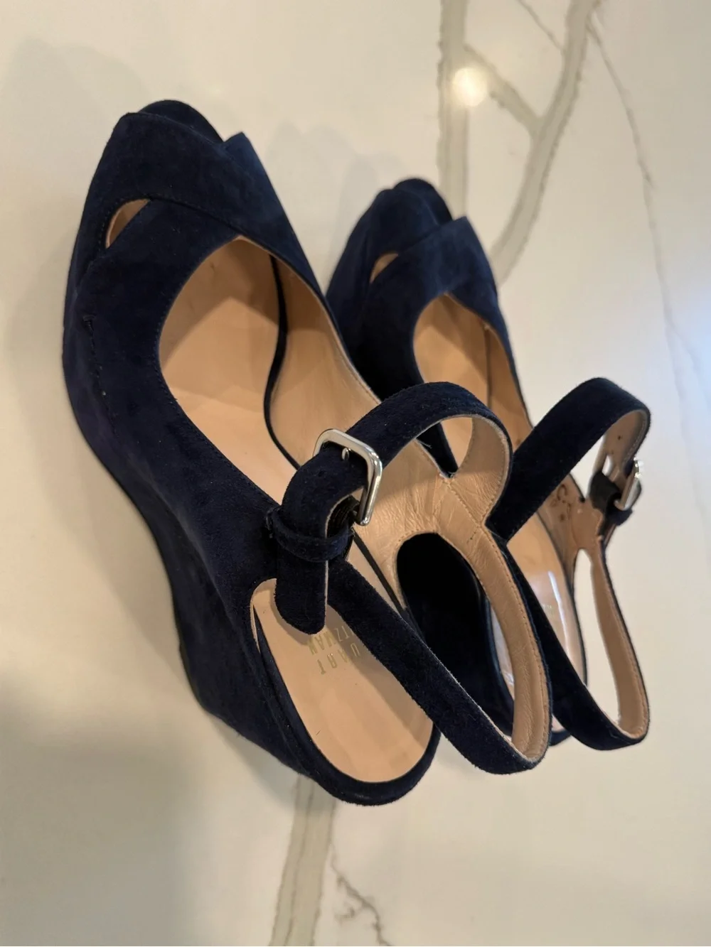 Stuart Weitzman Women’s Navy Suede Wedge Peep Toe Sandals with Ankle Strap 10